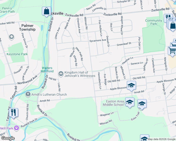 map of restaurants, bars, coffee shops, grocery stores, and more near 1505 Deer Path Road in Easton