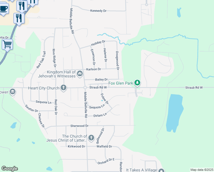 map of restaurants, bars, coffee shops, grocery stores, and more near 557-571 Bailey Drive in Mansfield