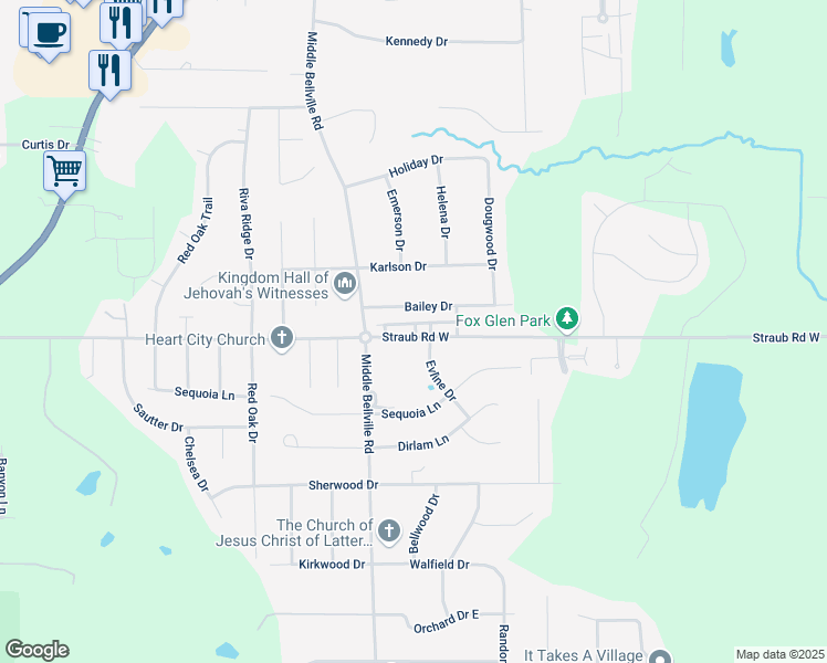 map of restaurants, bars, coffee shops, grocery stores, and more near 598 Bailey Drive in Mansfield