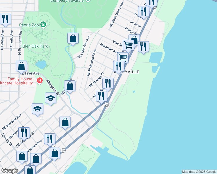 map of restaurants, bars, coffee shops, grocery stores, and more near 2423 Northeast Adams Street in Peoria