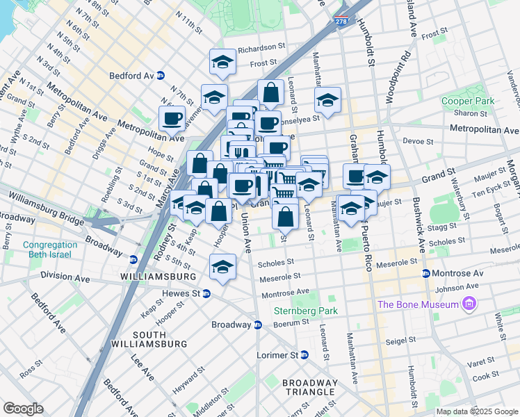 map of restaurants, bars, coffee shops, grocery stores, and more near 30 Powers Street in Brooklyn