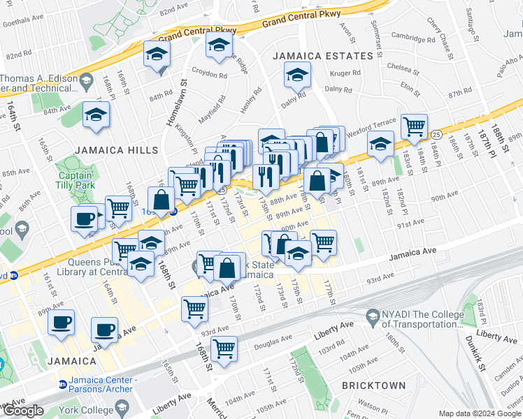 map of restaurants, bars, coffee shops, grocery stores, and more near 8726 175th Street in Queens