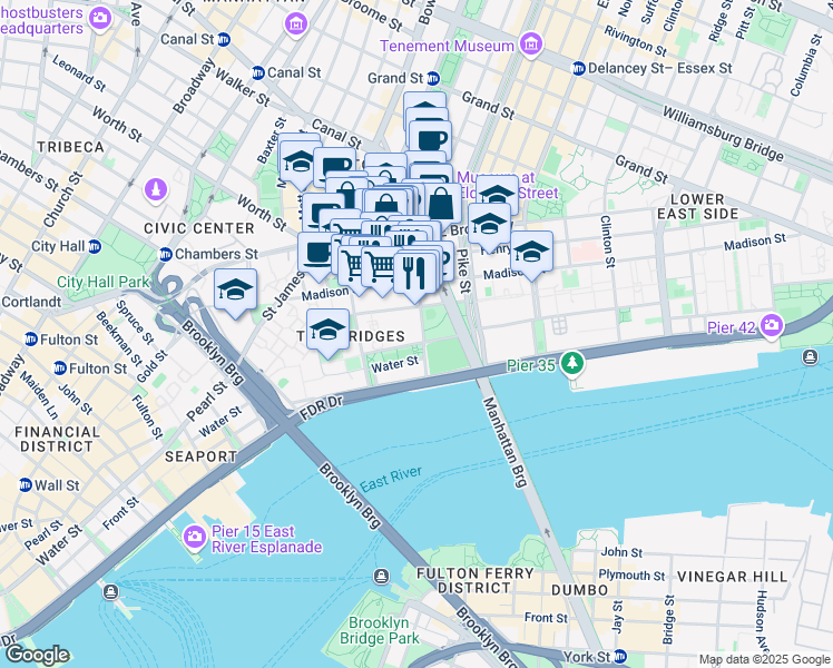 map of restaurants, bars, coffee shops, grocery stores, and more near 40 Monroe Street in New York