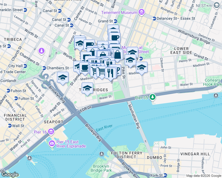 map of restaurants, bars, coffee shops, grocery stores, and more near 40 Monroe Street in New York