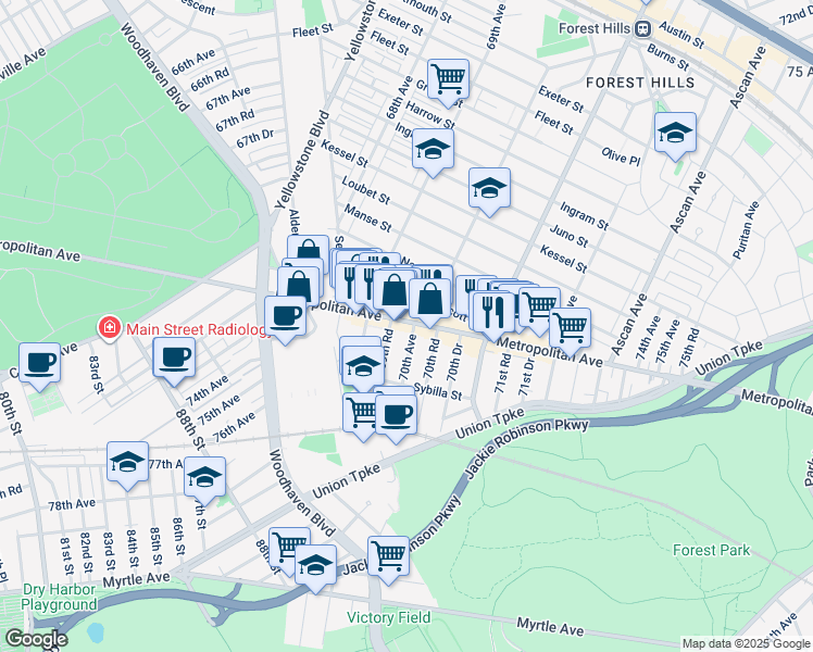 map of restaurants, bars, coffee shops, grocery stores, and more near 89-24 69th Road in Queens