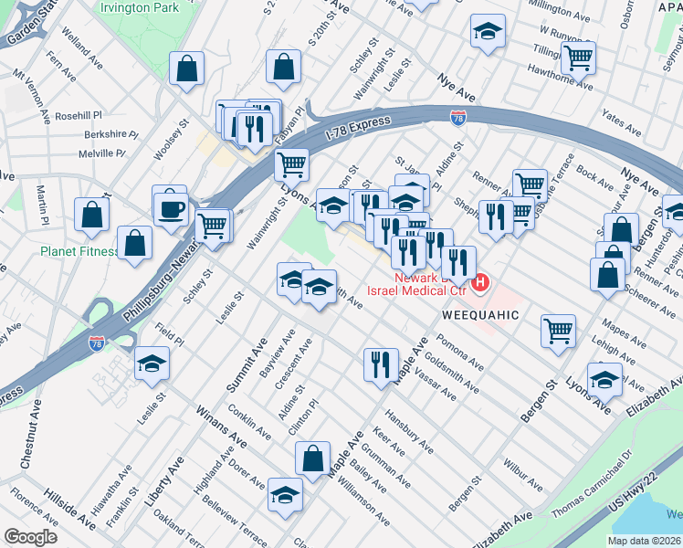 map of restaurants, bars, coffee shops, grocery stores, and more near 300 Weequahic Avenue in Newark