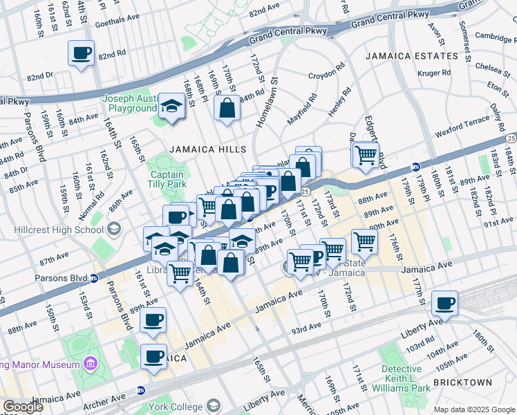 map of restaurants, bars, coffee shops, grocery stores, and more near 87-25 168th Place in Queens