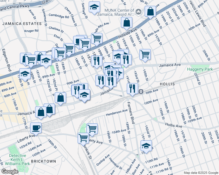 map of restaurants, bars, coffee shops, grocery stores, and more near 91-12 188th Street in Queens