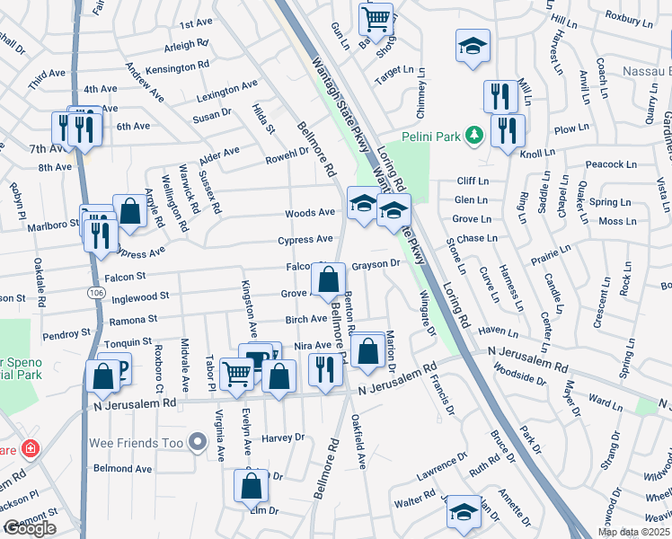 map of restaurants, bars, coffee shops, grocery stores, and more near 520 Bellmore Road in East Meadow