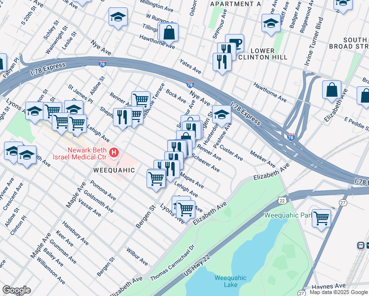 map of restaurants, bars, coffee shops, grocery stores, and more near 166 Renner Avenue in Newark