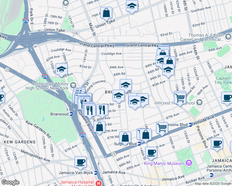 map of restaurants, bars, coffee shops, grocery stores, and more near 8402 143rd Street in Queens