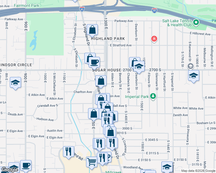 map of restaurants, bars, coffee shops, grocery stores, and more near 1305 Claybourne Avenue South in Salt Lake City