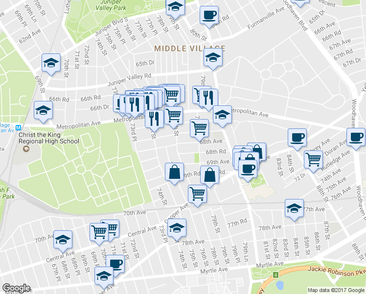 map of restaurants, bars, coffee shops, grocery stores, and more near 78-12 68th Avenue in Queens