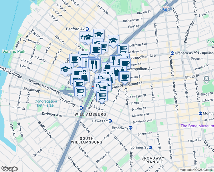 map of restaurants, bars, coffee shops, grocery stores, and more near 404 Rodney Street in Brooklyn