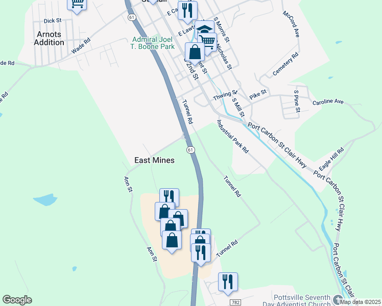 map of restaurants, bars, coffee shops, grocery stores, and more near 447 Pottsville Saint Clair Highway in Pottsville