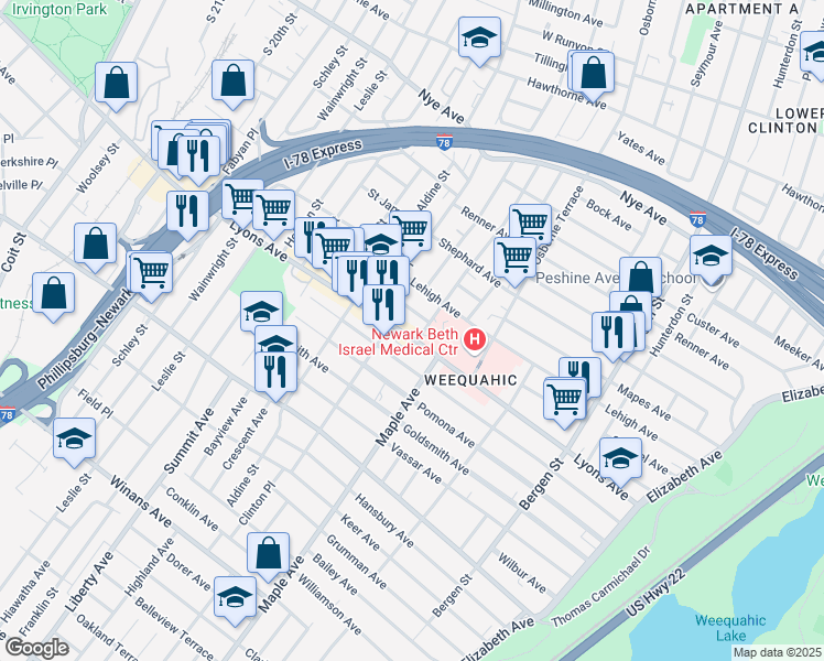 map of restaurants, bars, coffee shops, grocery stores, and more near 14 Irving Avenue in Newark