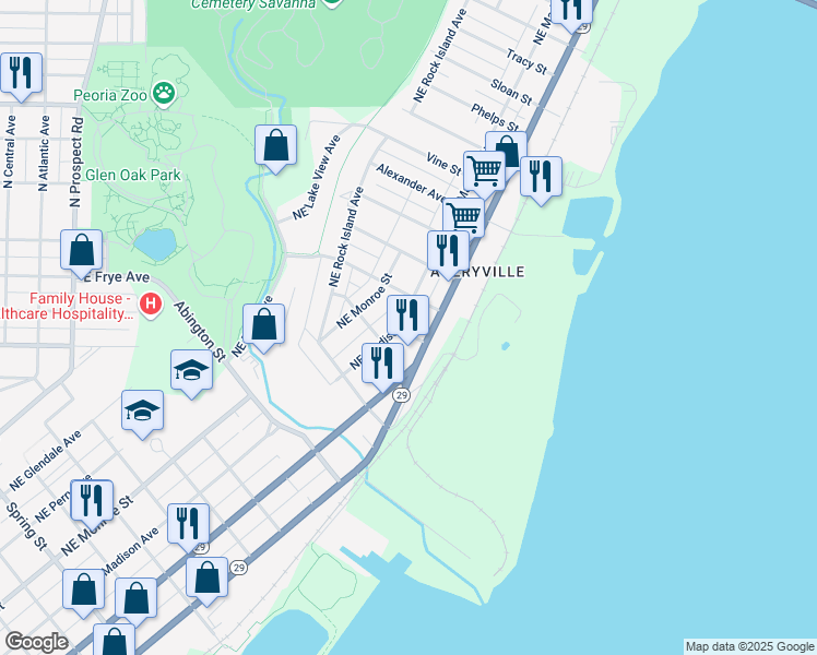 map of restaurants, bars, coffee shops, grocery stores, and more near 2423 Northeast Adams Street in Peoria