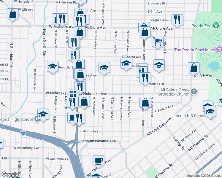 map of restaurants, bars, coffee shops, grocery stores, and more near 1911 North California Avenue in Peoria