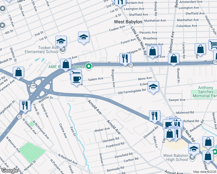 map of restaurants, bars, coffee shops, grocery stores, and more near 143 Nims Avenue in West Babylon