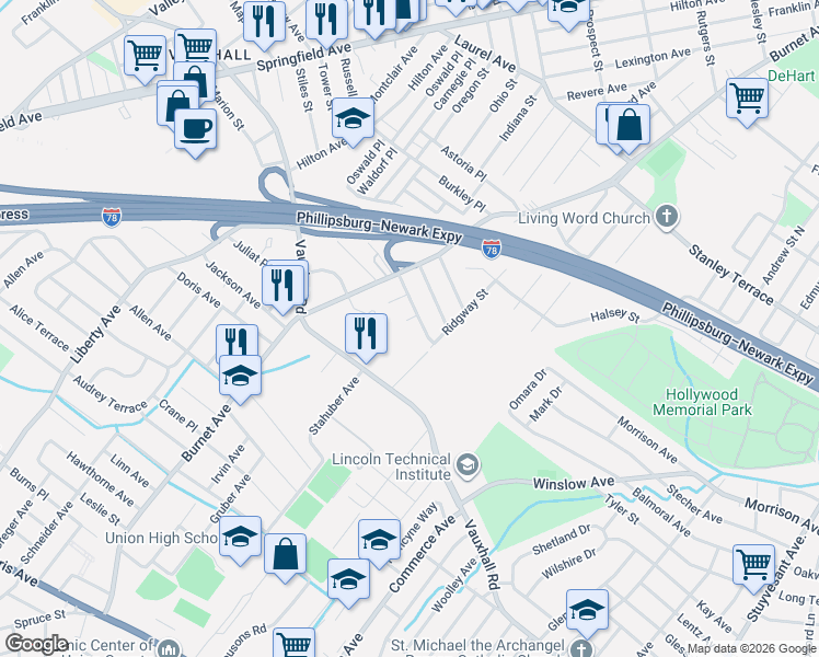 map of restaurants, bars, coffee shops, grocery stores, and more near 2273 Copper Hill Drive in Union