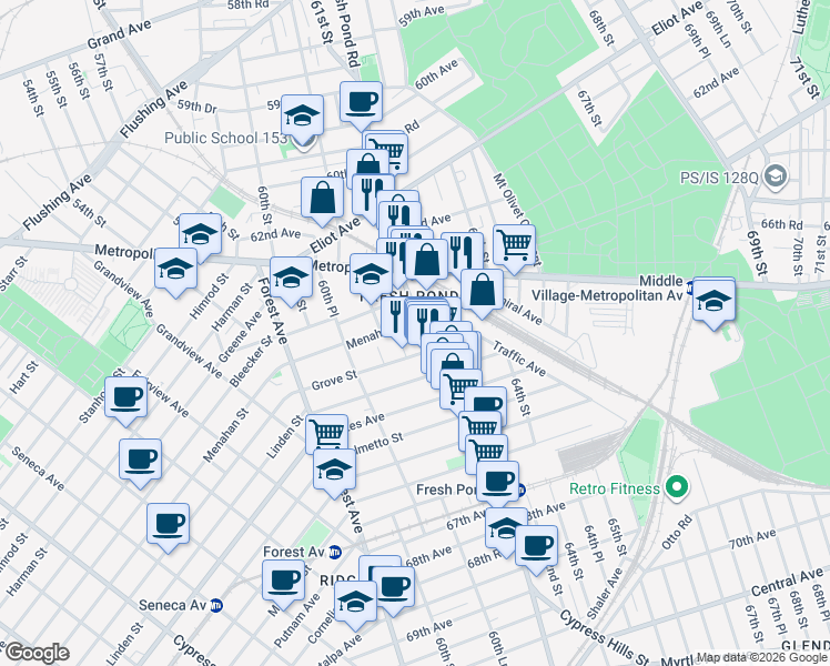 map of restaurants, bars, coffee shops, grocery stores, and more near 63-10 Fresh Pond Road in Queens