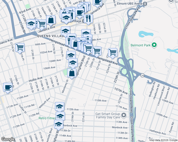 map of restaurants, bars, coffee shops, grocery stores, and more near 219-04 104th Avenue in Queens