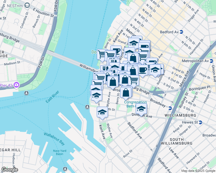 map of restaurants, bars, coffee shops, grocery stores, and more near 43 Broadway in Brooklyn