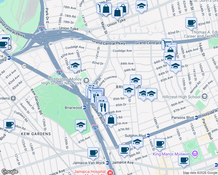 map of restaurants, bars, coffee shops, grocery stores, and more near 140-64 Burden Crescent in Queens