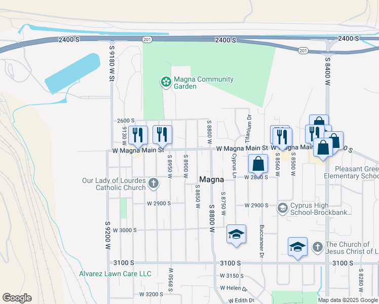 map of restaurants, bars, coffee shops, grocery stores, and more near 8885 West Magna Main Street in Magna