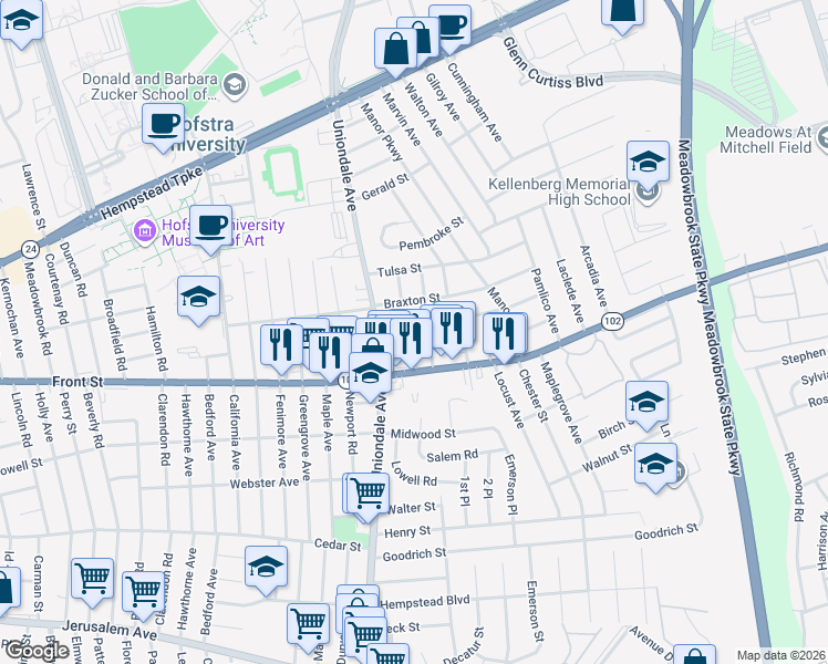 map of restaurants, bars, coffee shops, grocery stores, and more near 1050 Braxton Street in Uniondale