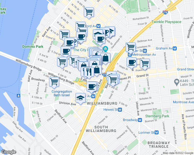 map of restaurants, bars, coffee shops, grocery stores, and more near 153 Havemeyer Street in Brooklyn
