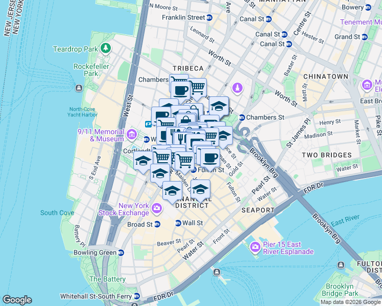 map of restaurants, bars, coffee shops, grocery stores, and more near in New York