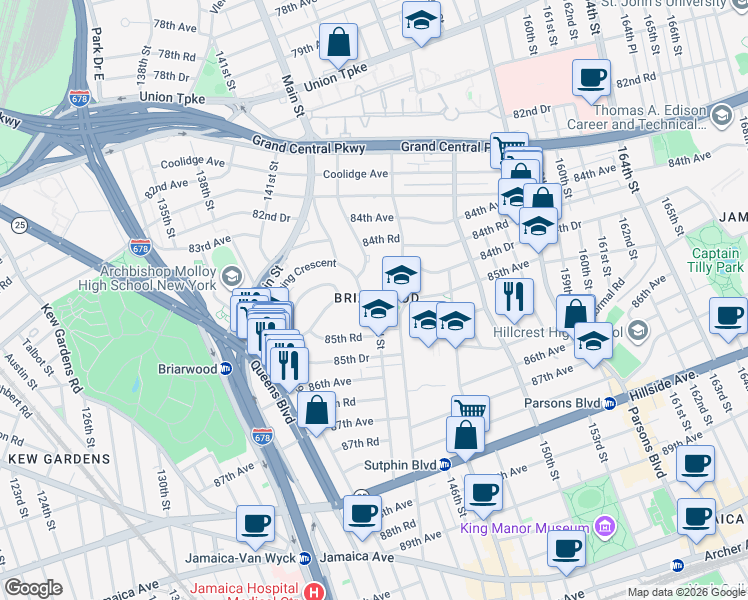 map of restaurants, bars, coffee shops, grocery stores, and more near 143-84 84th Avenue in Queens