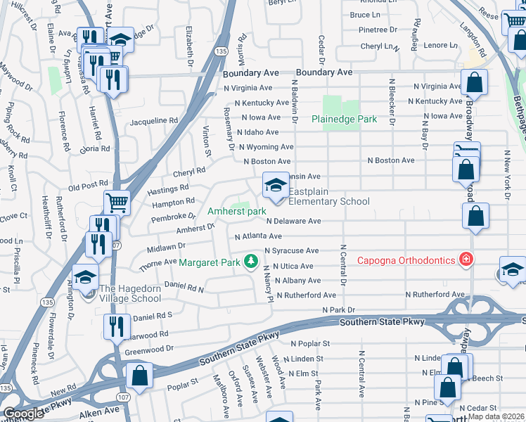 map of restaurants, bars, coffee shops, grocery stores, and more near 24 Brookline Drive in Massapequa