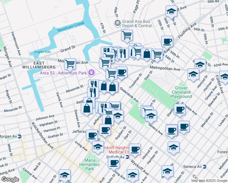 map of restaurants, bars, coffee shops, grocery stores, and more near 18-20 Flushing Avenue in Queens