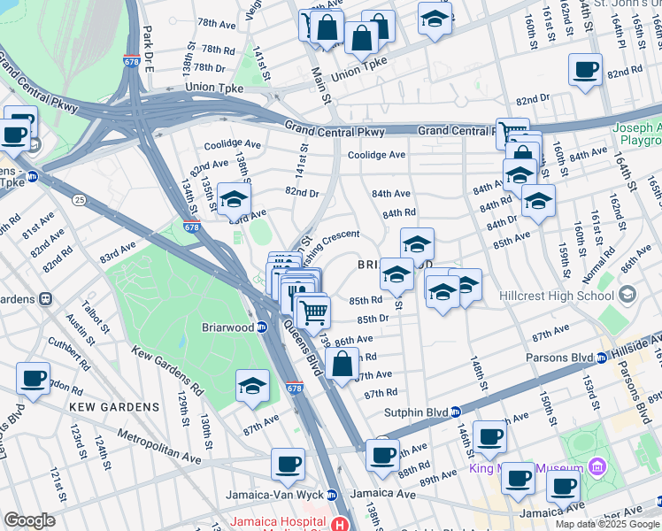 map of restaurants, bars, coffee shops, grocery stores, and more near 140-69 Burden Crescent in Queens