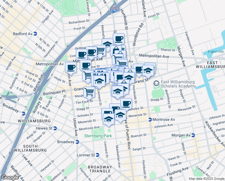 map of restaurants, bars, coffee shops, grocery stores, and more near 672 Grand Street in Brooklyn