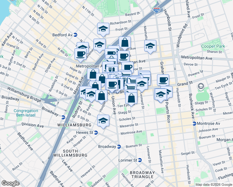 map of restaurants, bars, coffee shops, grocery stores, and more near 30 Powers Street in Brooklyn