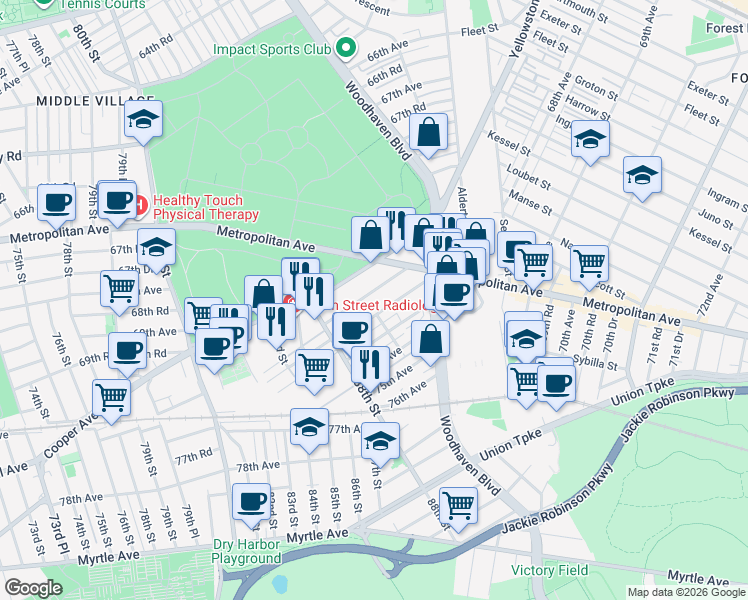 map of restaurants, bars, coffee shops, grocery stores, and more near 88-58 Cooper Avenue in Queens