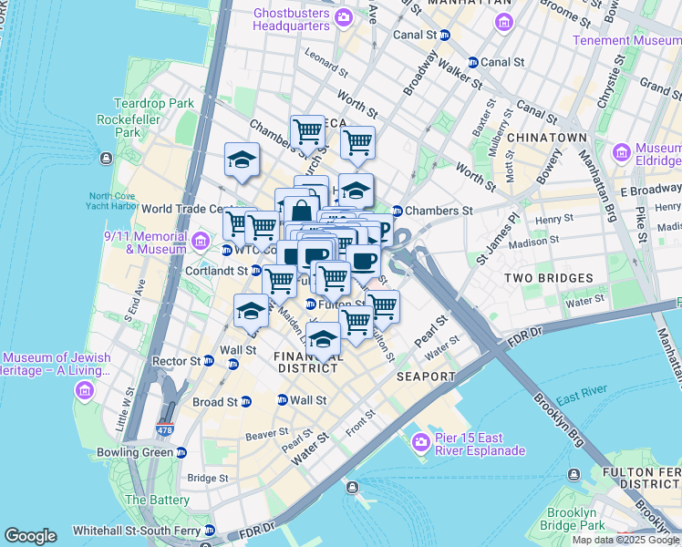 map of restaurants, bars, coffee shops, grocery stores, and more near 124 Nassau Street in New York