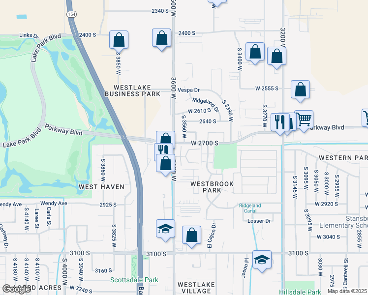 map of restaurants, bars, coffee shops, grocery stores, and more near 3580 Parkway Boulevard in West Valley City