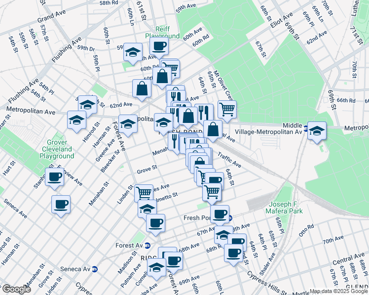 map of restaurants, bars, coffee shops, grocery stores, and more near 63-10 Fresh Pond Road in Queens