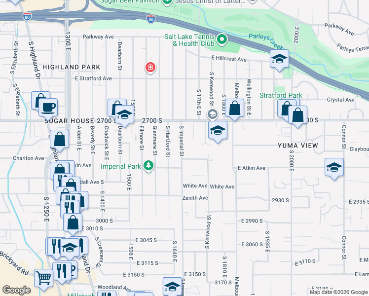 map of restaurants, bars, coffee shops, grocery stores, and more near 2748 Grandview Circle in Salt Lake City