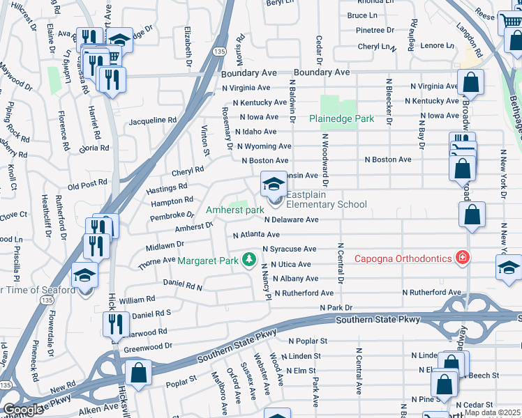 map of restaurants, bars, coffee shops, grocery stores, and more near 24 Brookline Drive in Massapequa