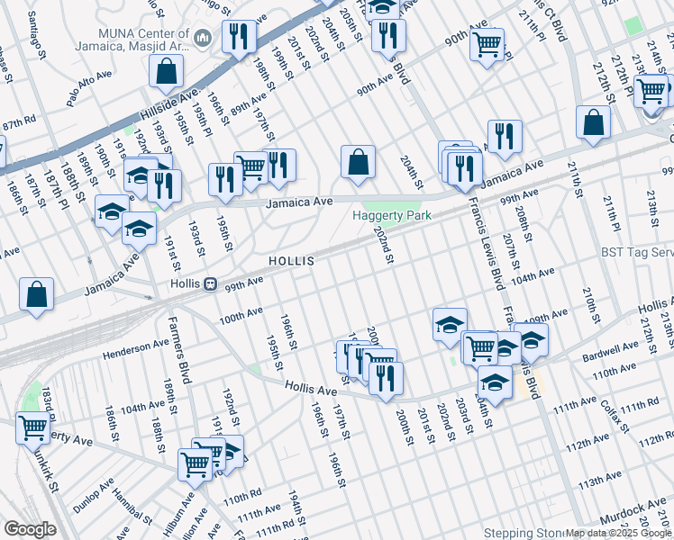 map of restaurants, bars, coffee shops, grocery stores, and more near 94-74 199th Street in Queens