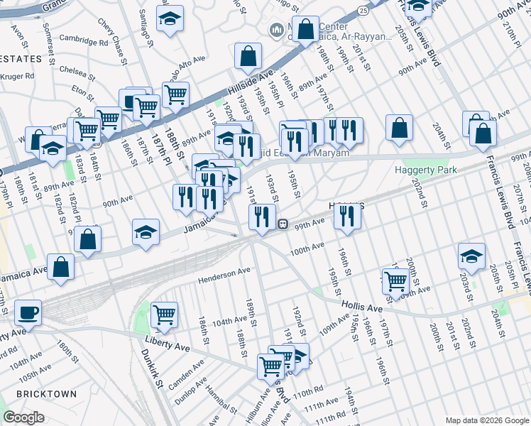 map of restaurants, bars, coffee shops, grocery stores, and more near 91-52 193rd Street in Queens