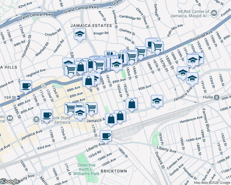 map of restaurants, bars, coffee shops, grocery stores, and more near 181-11 90th Avenue in Queens