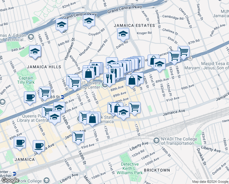 map of restaurants, bars, coffee shops, grocery stores, and more near 175-21 88th Avenue in Queens