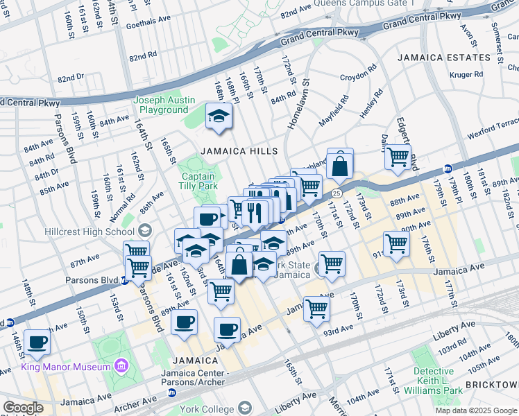 map of restaurants, bars, coffee shops, grocery stores, and more near 87-06 168th Street in Queens
