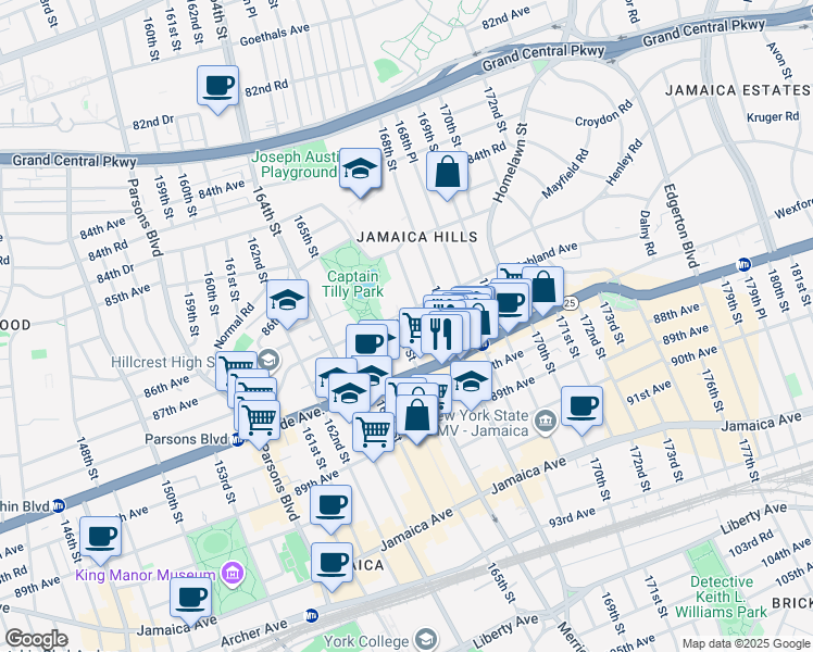 map of restaurants, bars, coffee shops, grocery stores, and more near 166-05 Highland Avenue in Queens